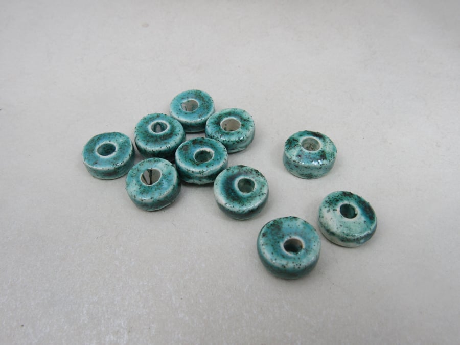 10 Small Jade Green Glazed Ceramic Washer Beads