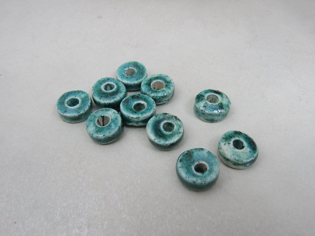 10 Small Jade Green Glazed Ceramic Washer Beads