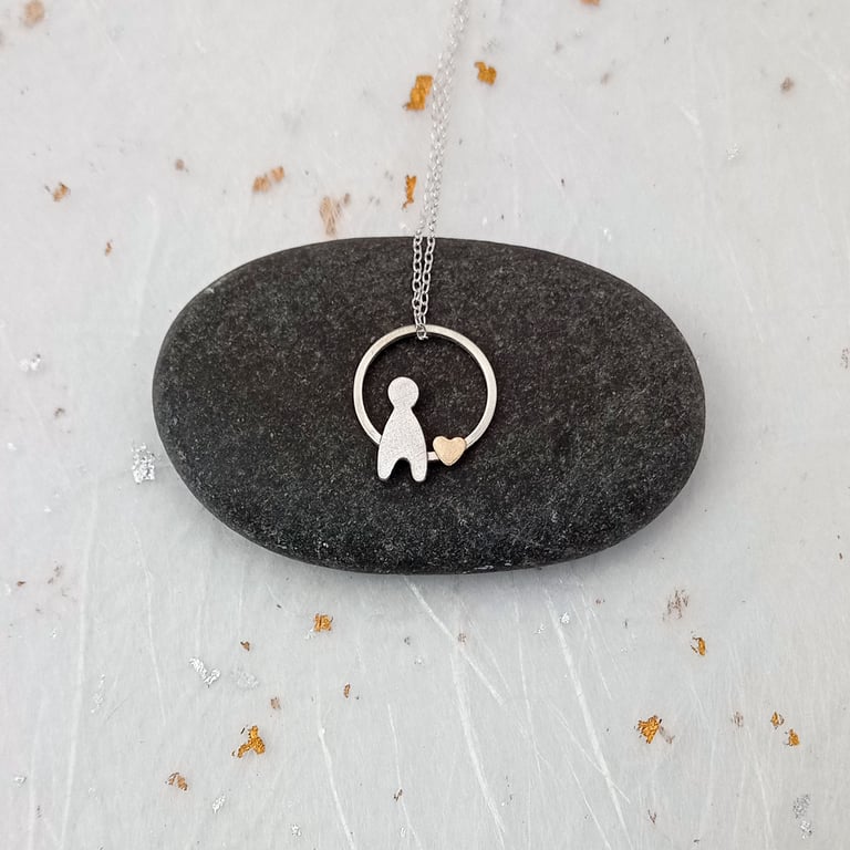 Recycled Sterling Silver Child & 14ct Filled Gold Heart Charm Pendant 