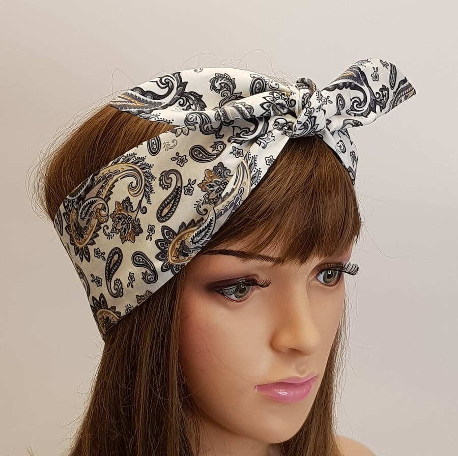 Paisley print hair scarf rockabilly headband self tie swing pin up style scarf