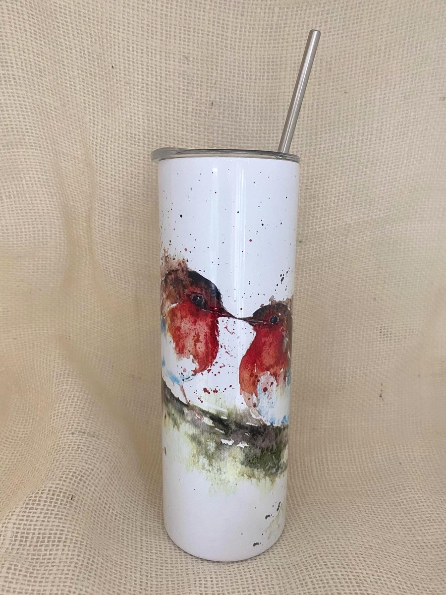 Robin Watercolour. 20oz Vacuum-Insulated Stainless Steel Water Bottle, Slimline 