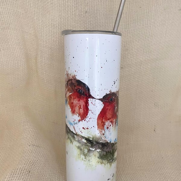 Robin Watercolour. 20oz Vacuum-Insulated Stainless Steel Water Bottle, Slimline 