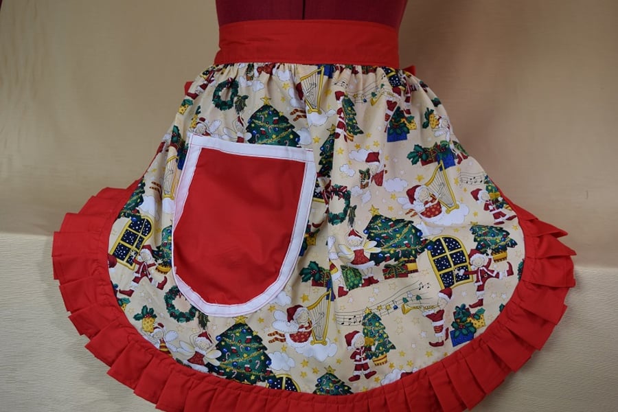 Vintage 50s Style Half Apron Pinny - Christmas Elves with Red Trim