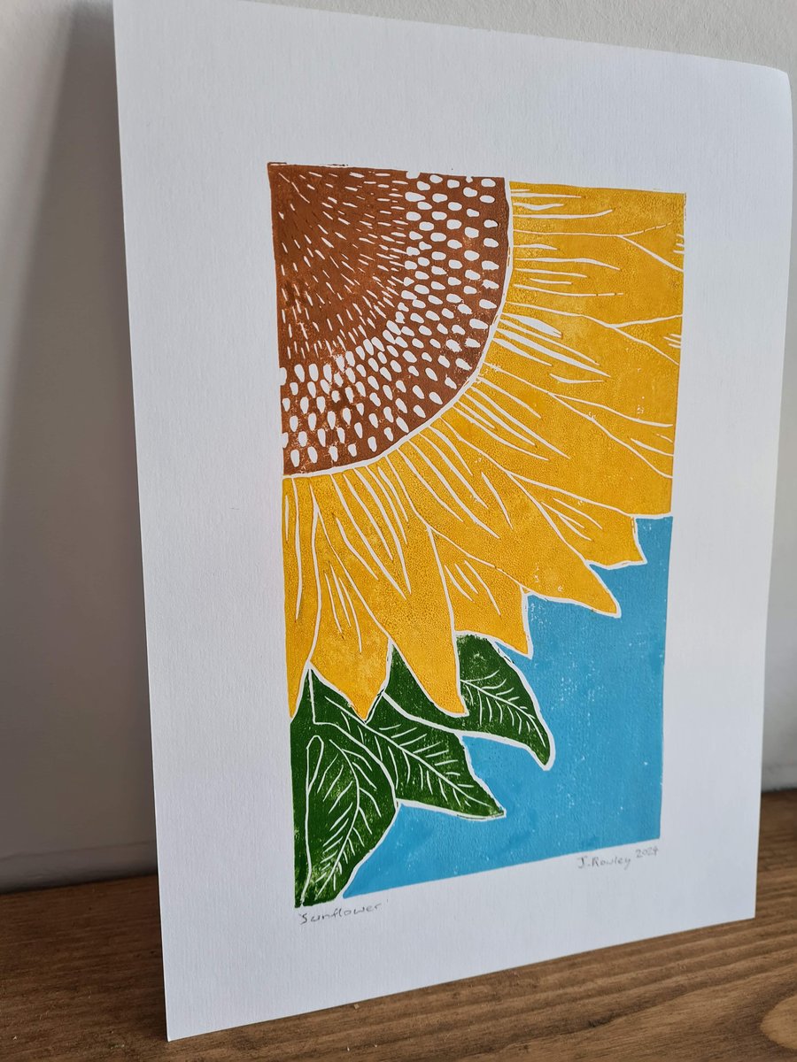 Sunflower original art lino print handprinted A4 size free delivery