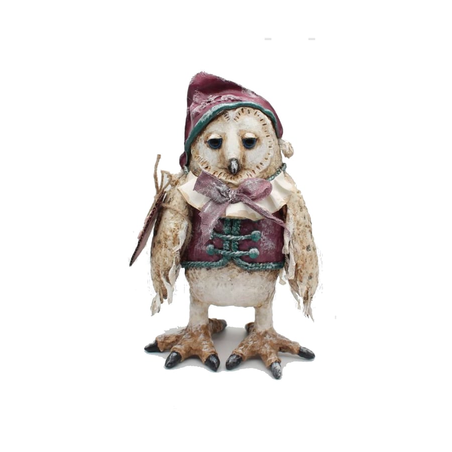 OOAK Art Doll-Thoughtful Owl Figurine in soft dress-Handmade Paper Clay 