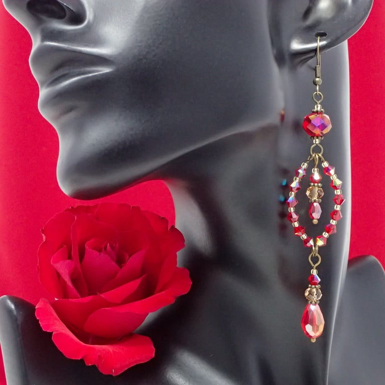 Red Beaded Long Dangle Statement Earrings with Sparkly Crystals, Vintage Style 