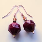 Dark red, amber and copper earrings large faceted glass bead red wine autumn
