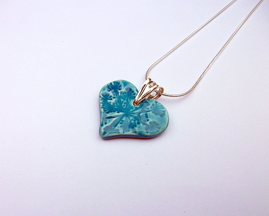 Ceramic turquoise heart pendant necklace - sterling silver