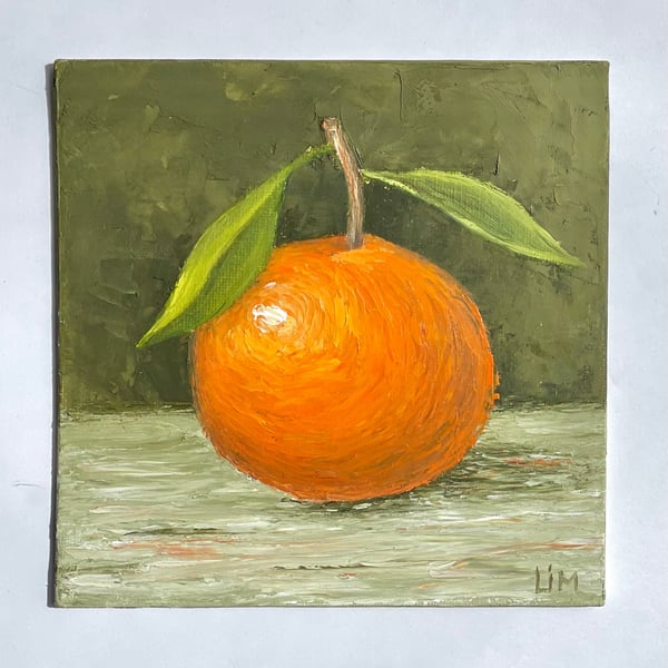 Clementine Oil Painting 6x6 Canvas Original Impasto Tangerine Still Life Art Han