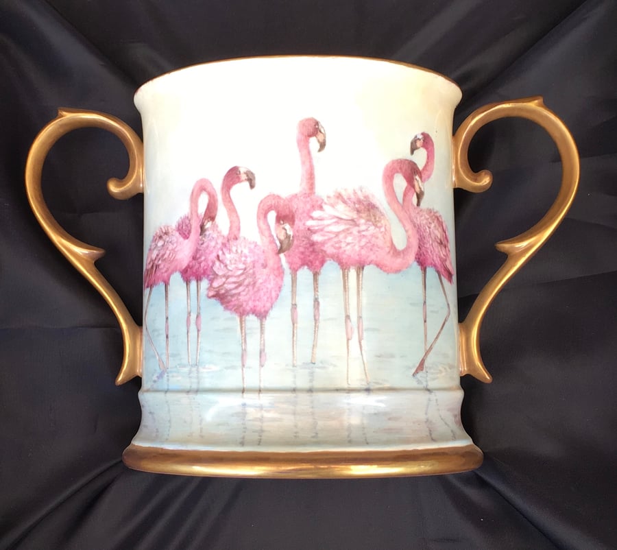 Pink Flamingos. Large two handled bone china loving cup. Handpainted .