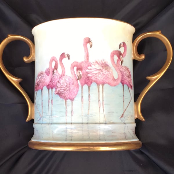 Pink Flamingos. Large two handled bone china loving cup. Handpainted .