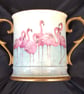 Pink Flamingos. Large two handled bone china loving cup. Handpainted . - Image 1