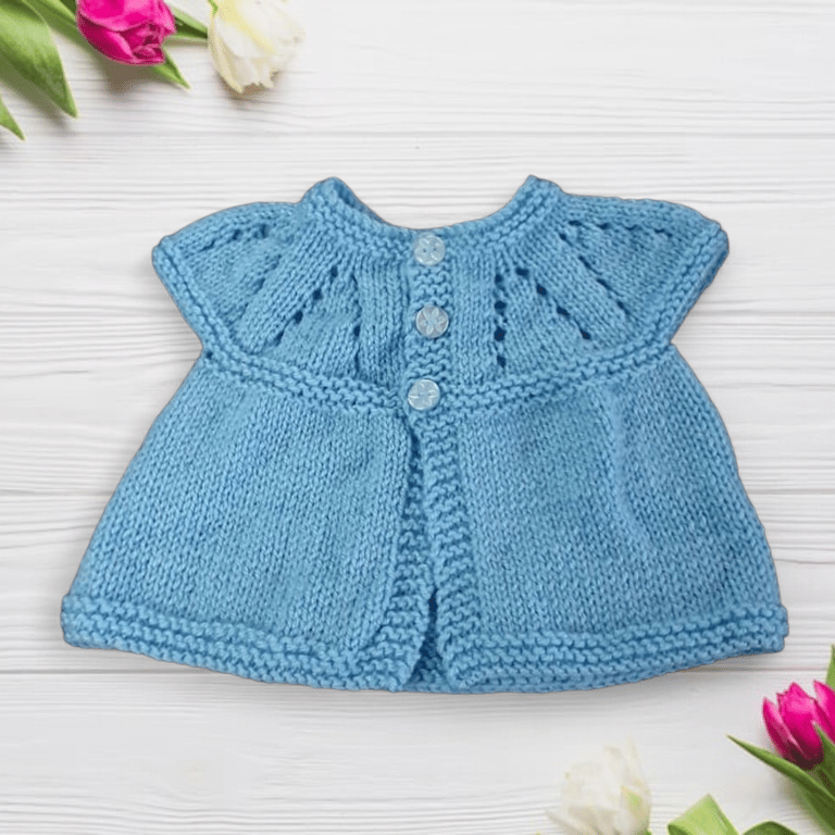Baby sleeveless cardigan hand knitted in blue - newborn 