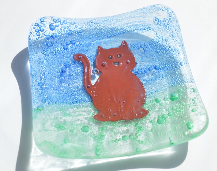 Copper Cat Glass Trinket Dish  - Birthday, Friend, 21st, gift, ring, bedside