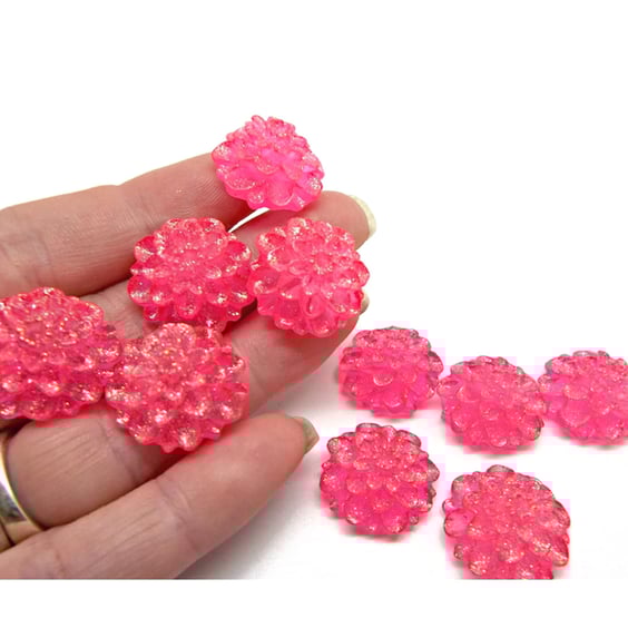20 Pink Flower Cabochons, 20mm Resin Flatbacks with Glitter 