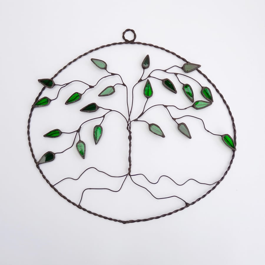 Stained Glass Tree Oval Suncatcher - Handmade Hanging Decoration - Green