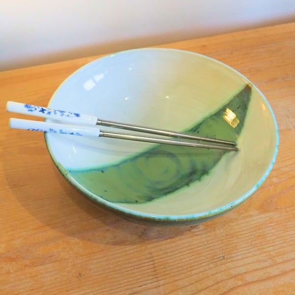 White and turquoise bowl handmade pottery