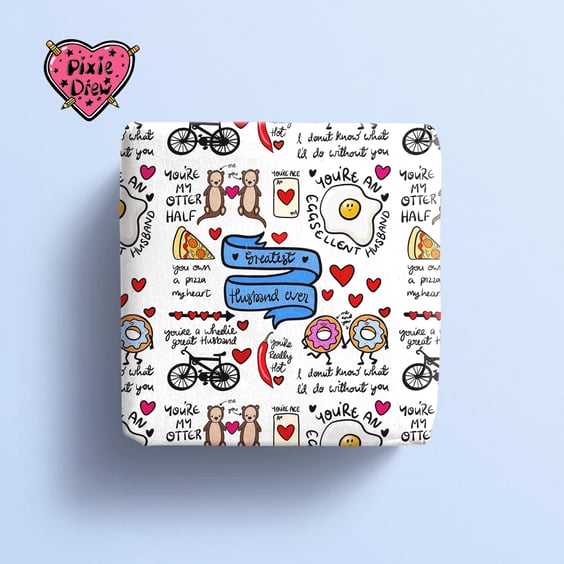Best Husband Ever gift wrap with punny illustrations