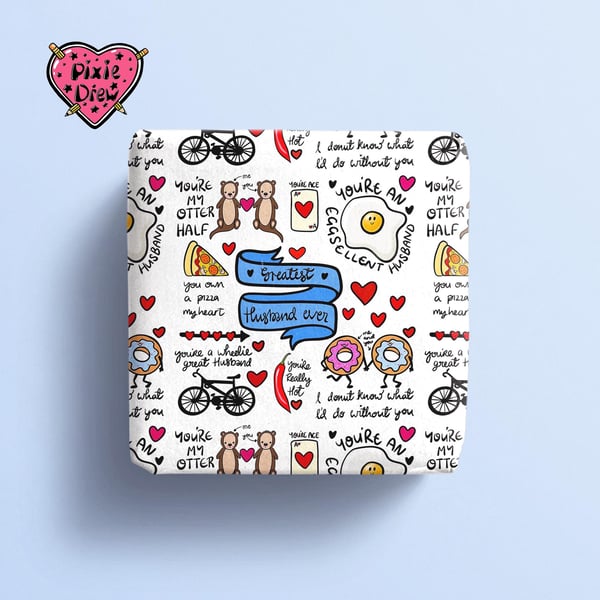 Best Husband Ever gift wrap with punny illustrations