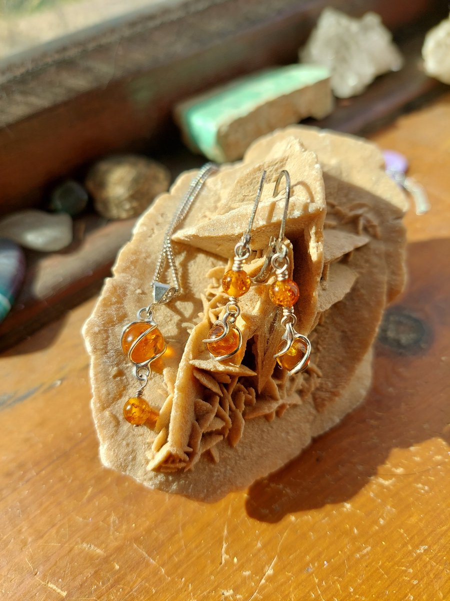 Sterling Silver and Baltic Amber Swirl Necklace and Earrings Set