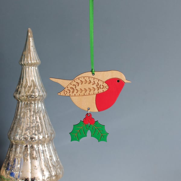 Wooden Robin Hanging Decoration with Hawthorn Flower or Holly