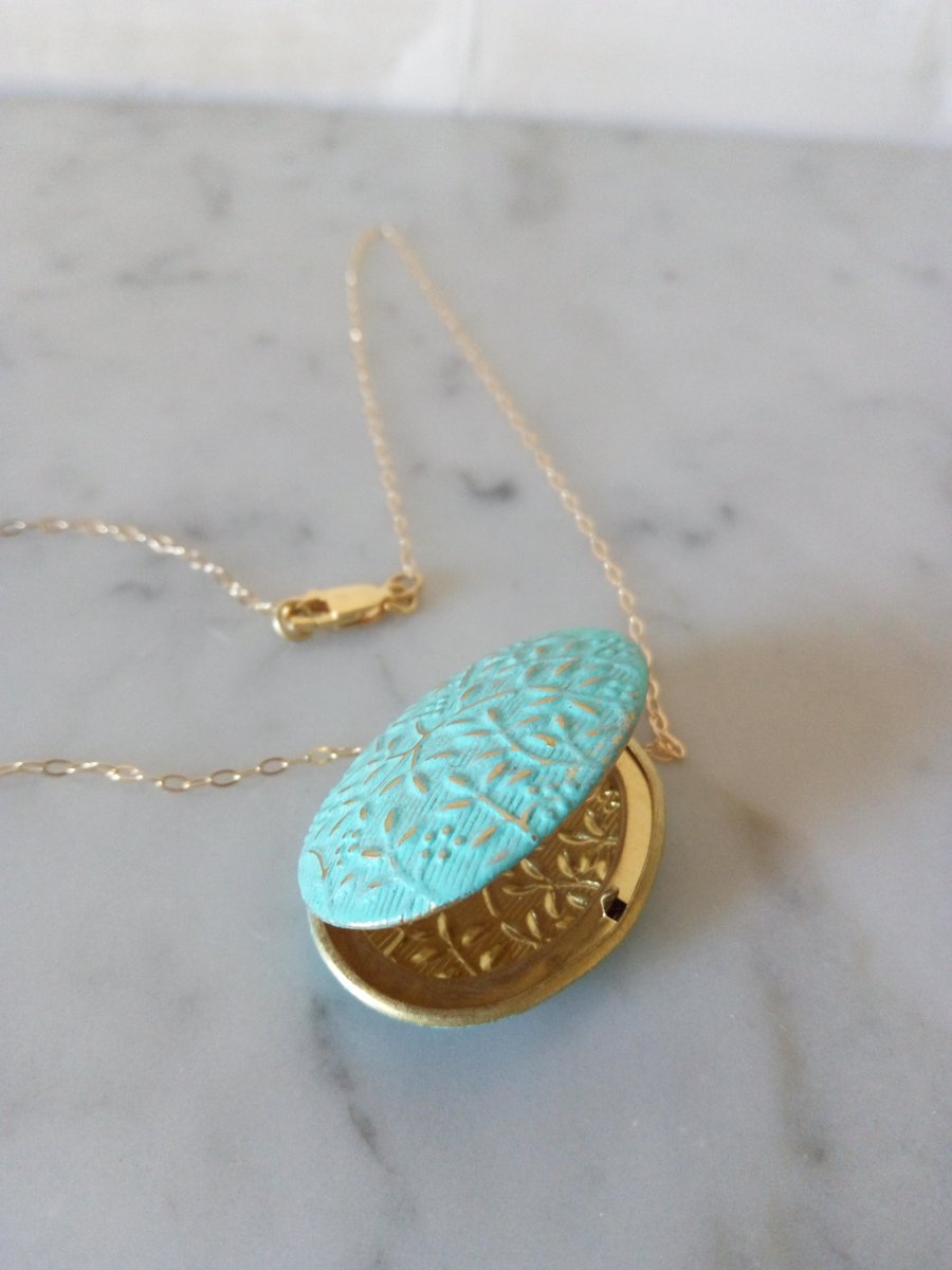 VERDIGRIS PATINA FLORAL BRASS LOCKET - VALENTINE -   FREE UK SHIPPING