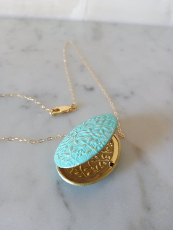 VERDIGRIS PATINA FLORAL BRASS LOCKET - VALENTINE -   FREE UK SHIPPING