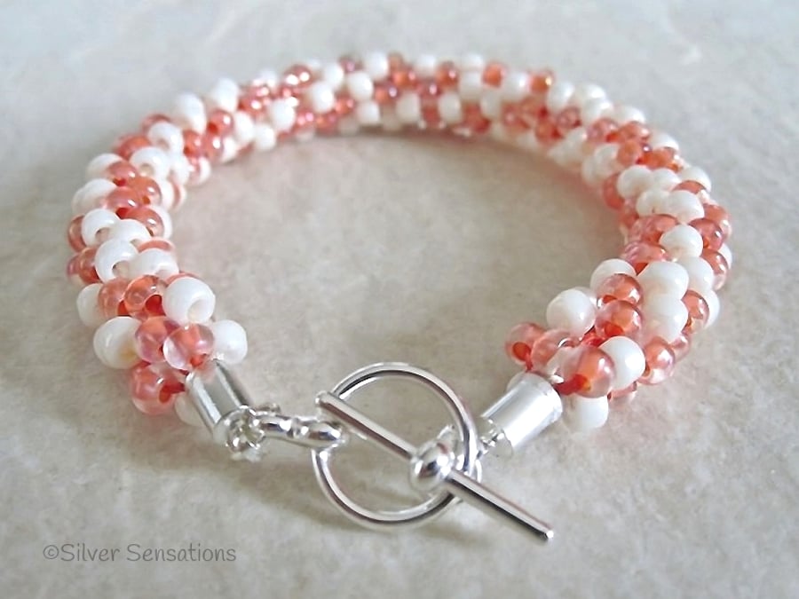 Pastel Peach & Cream Kumihimo Seed Bead Fashion Bracelet