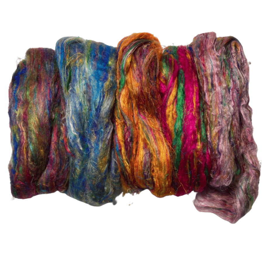 Bundle of recycled sari silk fibres in various colours (50g) - Bundle 1