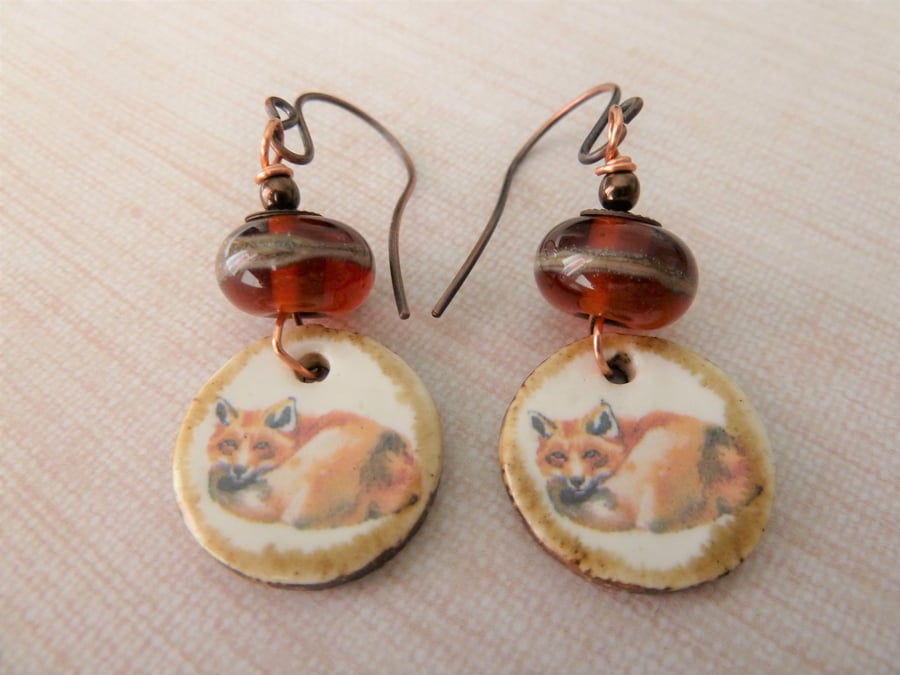 copper, lampwork and ceramic fox earrings