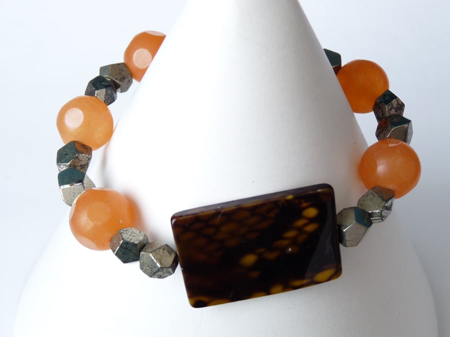 Orange Frosted Chinese QuartziteJade, Printed Shell & Pyrite Stretchy Bracelet 