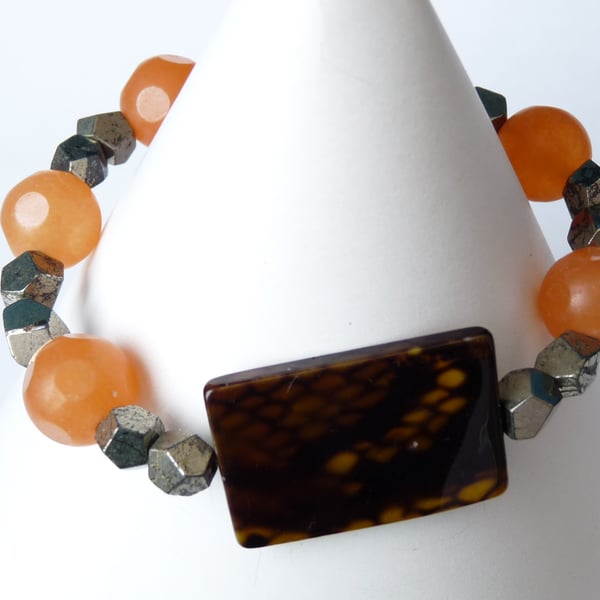 Orange Jade, Pyrite and Shell Bracelet - Handmade - Genuine Gemstone