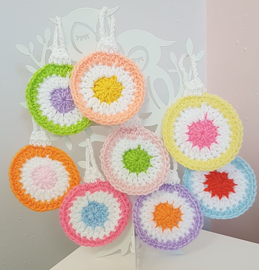 Hand crochet x 8 brightly coloured baubles