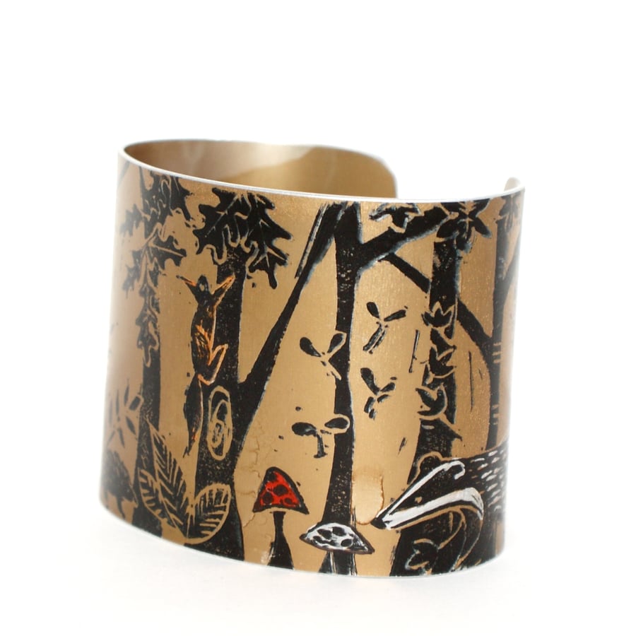 Forest floor cuff bronze - print from an original linocut