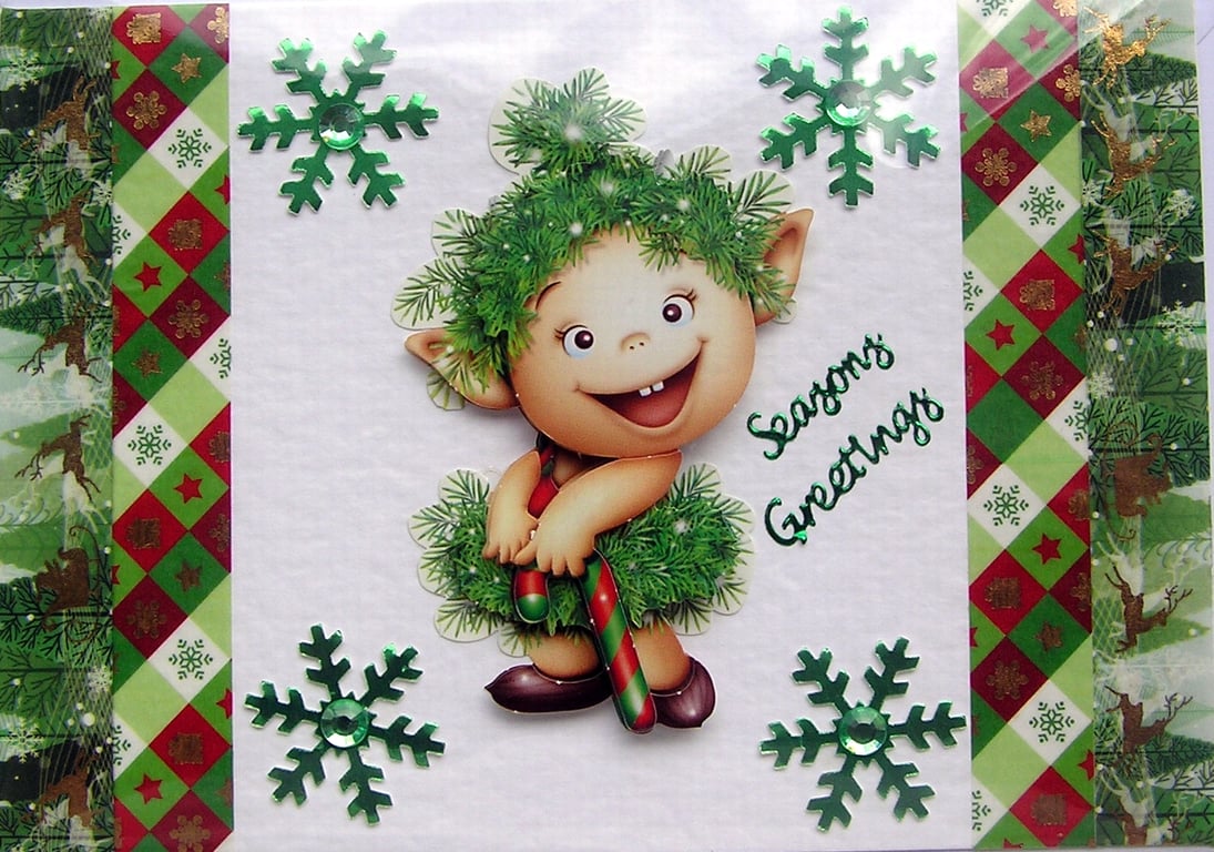 Hand Crafted Decoupage Chistmas Card - Seasons Greetings (2985) - Playful Elf