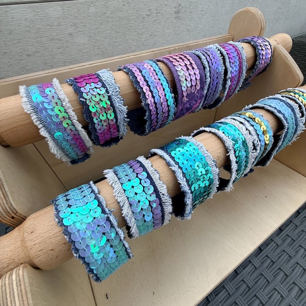 Boho Denim mermaid  sequin  bracelet cuff 
