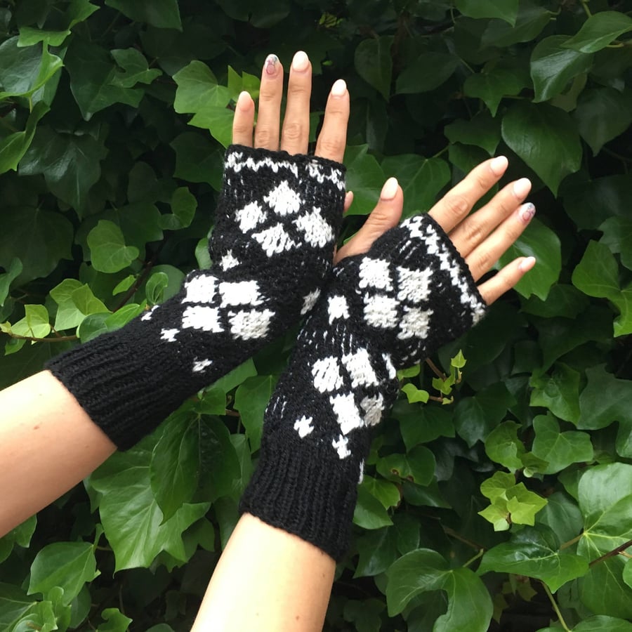 Two color soft and warmy fingerless knitted gloves handmade winter gloves