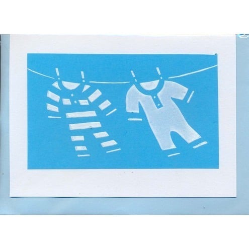 two blue babygros, A6 handscreenprinted card