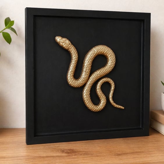 Framed Clay Snake Wall Art Gold Snake Wall Hanging Home Goth Decor 