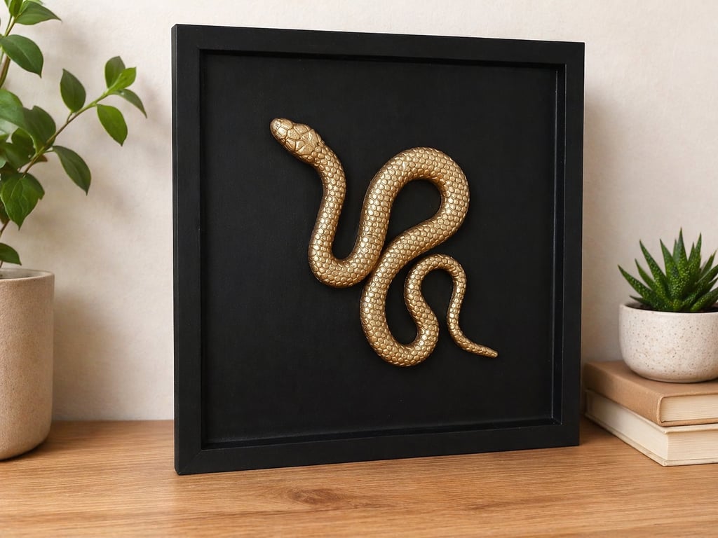 Framed Clay Snake Wall Art Gold Snake Wall Hanging Home Goth Decor 