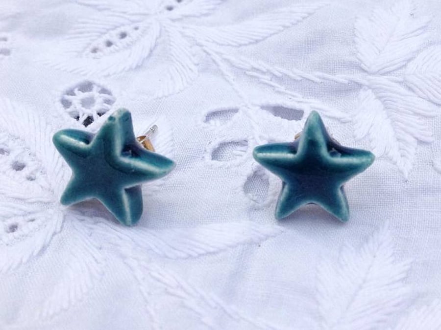 Ceramic star stud earrings - Peacock Green - Sterling silver posts and scrolls