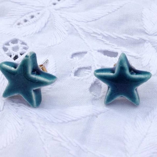 Ceramic star stud earrings - Peacock Green - Sterling silver posts and scrolls