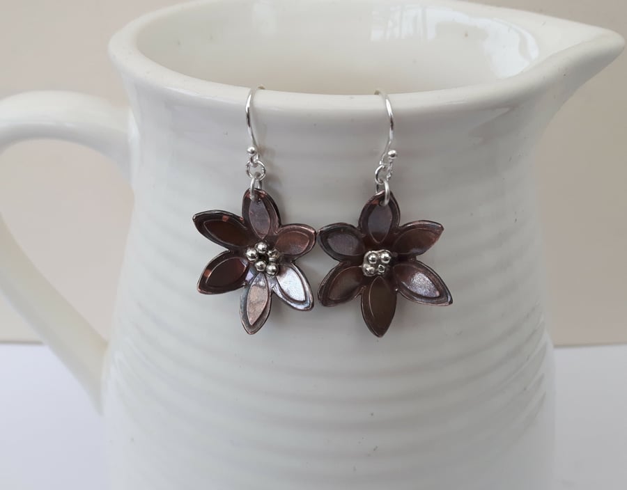 Copper Flower Drop Earrings with Sterling Silver 