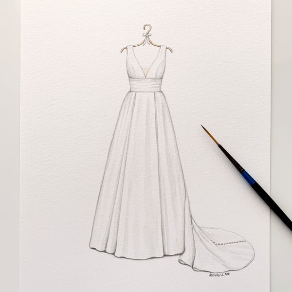 Custom hand drawn original wedding dress watercolour drawing