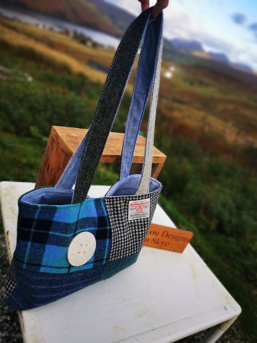 Harris Tweed patchwork shopper bag woth handmade button