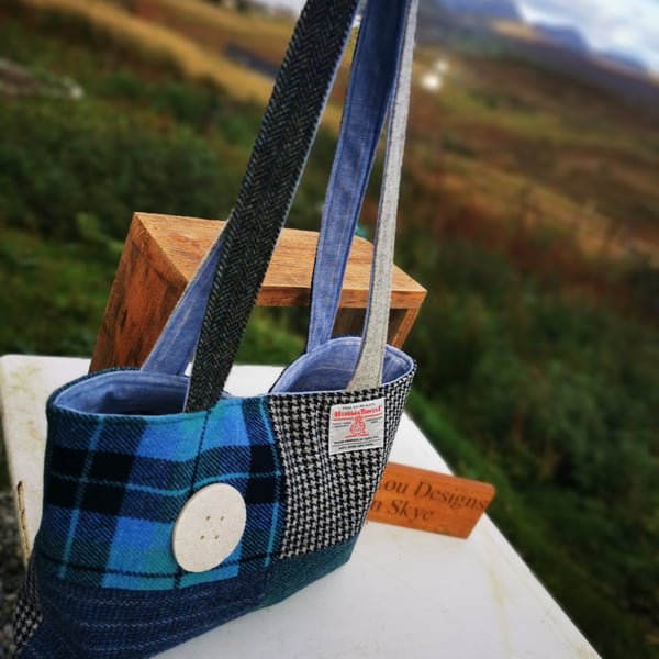 Harris Tweed patchwork shopper bag woth handmade button