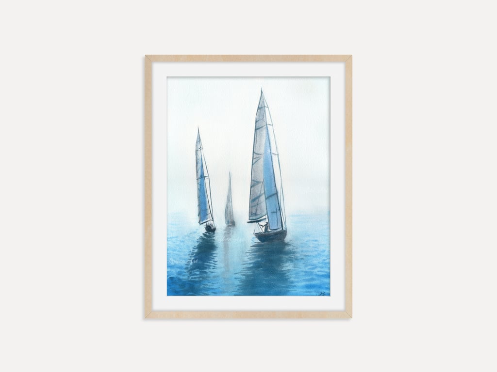 Sailing Regatta Archival Art Print, Watercolor Coastal Wall Art, Nautical Decor