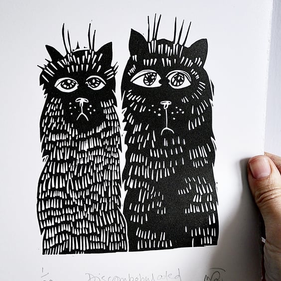 Discombobulated - cat lino print