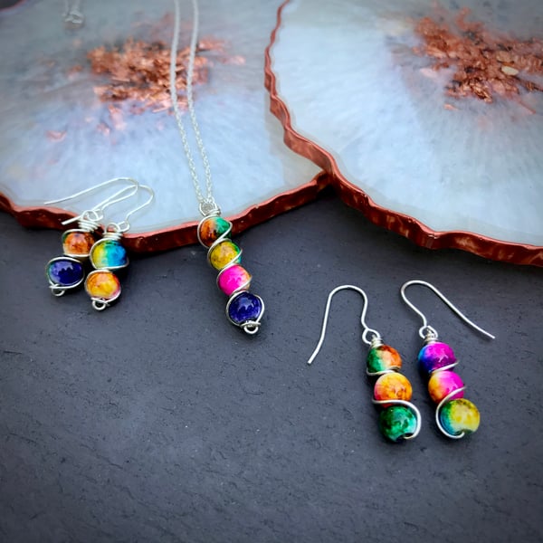 Cosmic Swirl Bright Glass Bead Silver Earrings