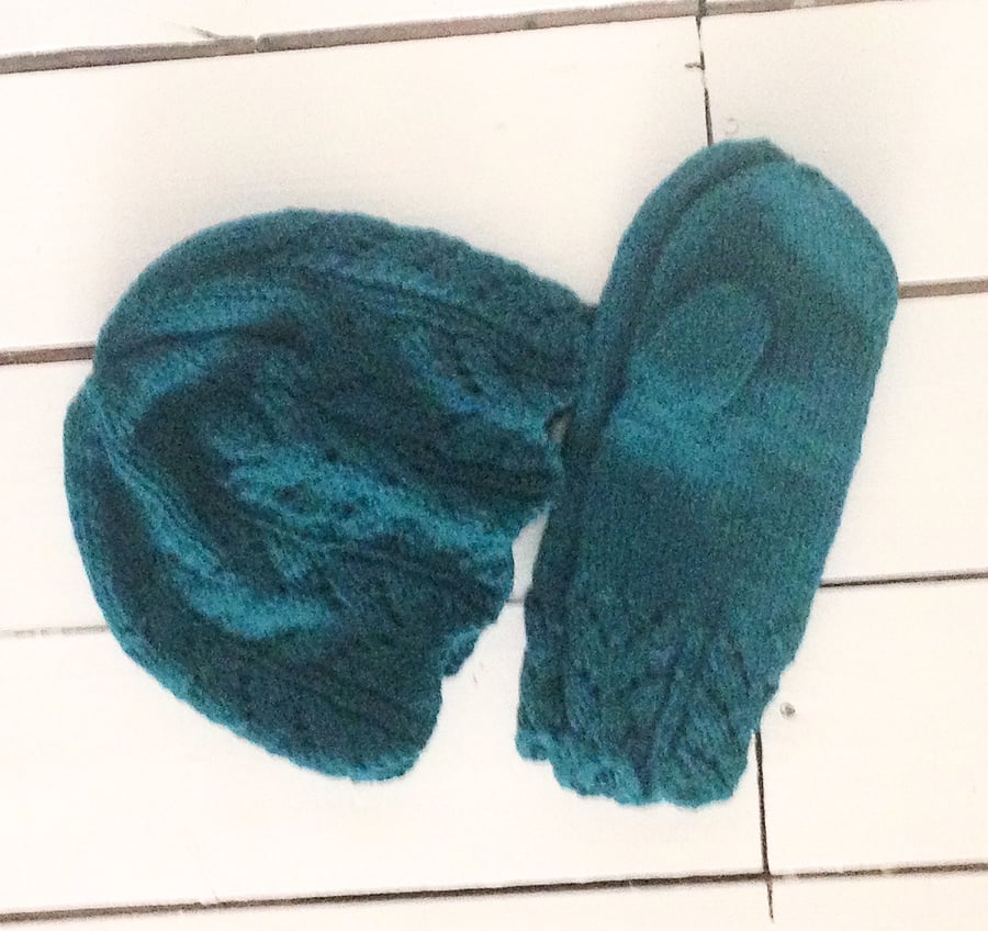 Dark Turquoise Aran Hand Knitted Hat and Mitten Set - UK Free Post